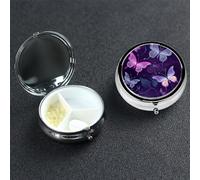 Purple Butterfly Pill Box 3 Compartment Pill Case for Purse or Pocket Small Medicine Organizer with Mirror Travel Pillbox Decorative Metal Vitamin Container Unique Gift