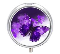 Purple Butterfly Pill Box Small Metal Pill Case for Purse Or Pocket 3 Compartment Pill Organizer Portable Travel Pillbox Mini Pill Container Holder to Hold Vitamins Fish Oil