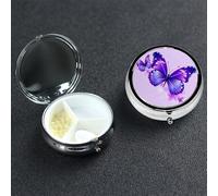 Purple Butterfly Pill Box with Mirror 3 Compartment Decorative Pill Case for Purse or Pocket Small Round Pill Organizer Weekly Metal Medicine Tablet Vitamin Holder Travel Gift