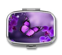 Purple Butterfly Pill Case for Travel, Rectangle Metal Pill Organizer with 2 Compartments, Portable Daily Medicine Box for Purse, Wallet