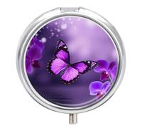Purple Butterfly Pill Case with 3 Compartments - Portable Travel Pill Organizer for Purse, Easy-Open Button Design, Small Round Pillbox Vitamin Holder Organizer for Women Men