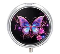 Purple Butterfly Pill Case with 3 Compartments - Portable Travel Pill Organizer for Purse, Easy-Open Button Design, Small Round Pillbox Vitamin Holder Organizer for Women Men