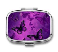 Purple Butterfly Pill Organizer Container for Travel, Metal 2 Compartment Square Pill Case, Portable Mini Medicine Box Pill Storage Case for Purse Pocket, Supplement Storage