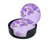 Purple Butterfly Print Round Leather Coasters - Set Of 6, Ultra-Fiber Pu Leather