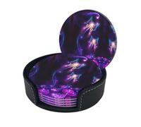 Purple Butterfly Print Round Leather Coasters - Set Of 6, Ultra-Fiber Pu Leather