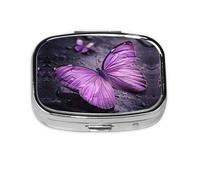 Purple Butterfly Print Square Metal Pill Box Decorative Pill Case - Carry Your Meds in Style (Rectangular)