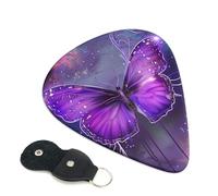 Purple Butterfly Printed Guitar Picks, 6 Pack with Leather Keychain Pick Holder - 0.46mm, 0.71mm, 0.96mm Assorted Thickness for Acoustic Ukulele, Electric Guitar, Acoustic Guitar, Bass