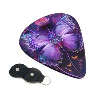 Purple Butterfly Printed Guitar Picks, 6 Pack with Leather Keychain Pick Holder - 0.46mm, 0.71mm, 0.96mm Assorted Thickness for Acoustic Ukulele, Electric Guitar, Acoustic Guitar, Bass