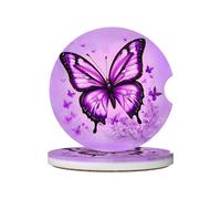 Purple Butterfly Prints Ceramic car coasters (2-pack) absorb moisture, are non-slip and easy to clean for cars, trucks, and boats.