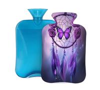 Purple Butterfly Rose Dream Catcher Hot Water Bottle with Cover, 2L PVC Hot Water Bag with Soft Cover, Reusable Heating Pad for Pain Relief Warm Hands Waist Abdomen Feet & Bed