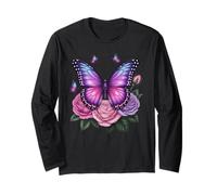 Purple Butterfly Rose Flower Butterflies Long Sleeve T-Shirt