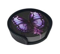 Purple Butterfly Round Leather Coasters (6 Pieces) - Drink Coaster Set For Desk, Modern Easy To Clean Home Office & Farmhouse Coasters