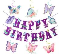 Purple Butterfly Theme Birthday Party Decorations - 21 Piece Swirls Banner for Women & Girls