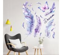 Purple Butterfly Wall Art Sticker, Feather Wall Decal, Peel and Stick, Suitable for Baby Teens Living Room Bedroom Nursery Toddler Room Art Home Decorations