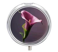 Purple Calla Lily Pill Box 3 Compartment Small Pill Case for Purse Or Pocket Mini Metal Pillcase Medicine Organizer, Round Daily Medicine Container to Hold Vitamins, Fish Oil
