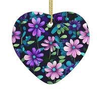 Purple Camellia Ceramic Christmas Heart Pendant, The Pottery Piece is Available with Silk Thread