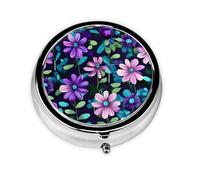 Purple Camellia Round Mini Pill Box: 3-Compartment Portable Metal Pill Organizer with Snap Closure, Ideal for Daily Travel Use
