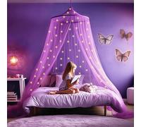 Purple Canopy for Girls Bed with Pre-Glued Glow in The Dark Stars - Princess Mosquito Net Room Decor - Kids & Baby Bedroom Tent with Galaxy Lights - 1 Opening Canopy Bed & Hanging Kit Included