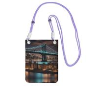 Purple Carry Mobile Phone Bag â€“ New York Manhattan Bridge Night Print Crossbody Purse, Ideal for Outdoor Activities, Commuting, and Shopping