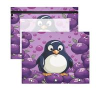 Purple Cartoon Penguin 3 Ring Binder Clear Binders Pencil Pouches Bags Case(2 Pack)