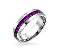 Purple Channel Set Crystal Eternity Band Ring for Women Men Teen February Birth Month Silver Toned Stainless Steel