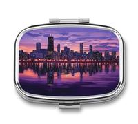 Purple Chicago Skyline Portable Pill Organizer with 2 Compartments Square Medicine Box Compact Travel Pharmacy Case