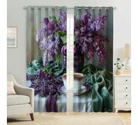 Purple Childrens Room Blackout Curtains W 55" x L 69" Flowers Lilac Eyelet Drapes Thermal Insulated Noise Reducing Room Darkening 3D Printed Window Panels Set of 2