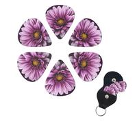 Purple Chrysanthemum Guitar Picks 6 Pack, 0.46mm Thickness Celluloid Bass Pick with Leather Guitar Pick Holder Keychain Abstract Art Pics Plectrum for Acoustic Electric Guitar, Ukulele, Bass