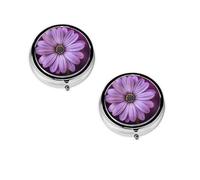 (Purple Chrysanthemum) Round Pill Box with 3 Compartment Small Pill Organizer Portable Pill Case Vitamin Containers, Travel Essentials 4.6x4.6x1.8 cm
