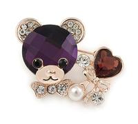 Purple/Clear Crystal Bear with Heart Brooch In Gold Plating - 40mm W