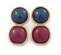Purple/Cobalt Blue Acrylic Double Button Stud Earrings In Gold Tone - 30mm L