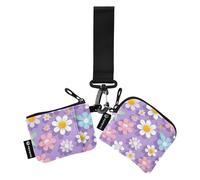 Purple Colorful Florals Daisy Women's Money Organizers Small Detachable Zipper Coin Purse Wallet with Keychain for Ladies 2 Pcs Mujer para