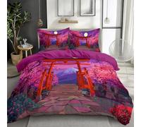 Purple Cot-bed Duvet Cover, Cartoon Japanese Style Flowers Mount Fuji Printed Bedding Sets with Zipper Closure Soft Anti-wrinkle and anti-tear Microfiber Quilt Cover for Girls and boys - 120 x 150 cm