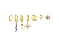 Purple Cubic Zirconia Sunflower Pendant Drop Earrings with 18K Plated Brass Ear Cuffs and Cartilage Clips Set (7-Piece)