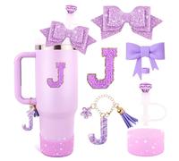 Purple Cup Accessories Set for Stanley 30OZ & 40OZ Tumbler with Handle, Letter Charms, Bow & Diamond Straw Covers, Glitter Silicone Boot, Personalized Sticker for Stanley Cup Accessories (J)