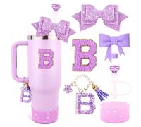 Purple Cup Accessories Set for Stanley 30OZ & 40OZ Tumbler with Handle, Letter Charms, Bow & Diamond Straw Covers, Glitter Silicone Boot, Personalized Sticker for Stanley Cup Accessories (B)