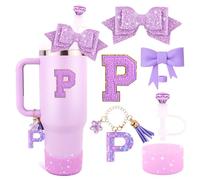 Purple Cup Accessories Set for Stanley 30OZ & 40OZ Tumbler with Handle, Letter Charms, Bow & Diamond Straw Covers, Glitter Silicone Boot, Personalized Sticker for Stanley Cup Accessories (P)