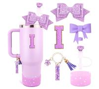 Purple Cup Accessories Set for Stanley 30OZ & 40OZ Tumbler with Handle, Letter Charms, Bow & Diamond Straw Covers, Glitter Silicone Boot, Personalized Sticker for Stanley Cup Accessories (I)