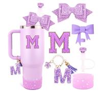 Purple Cup Accessories Set for Stanley 30OZ & 40OZ Tumbler with Handle, Letter Charms, Bow & Diamond Straw Covers, Glitter Silicone Boot, Personalized Sticker for Stanley Cup Accessories (M)