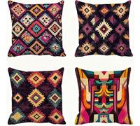 Purple Cushion Covers 40 x 40 Bohemia Pillow Cases Linen Sofa Cushions Square Pillows 4 Pack Outdoor Garden Cushion With Invisible Zipper Pillow Protectors, for Sofa Bedroom Autumn Decorative E - 562