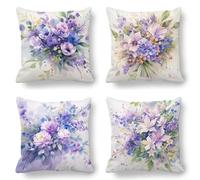 Purple Cushion Covers, Large Cushions 75x75 cm Set of 4, Soft Wrinkle-Free Velvet Flowers Cushion Covers for Sofa Garden Outdoor Cushions Decorative Pillows, Cooling Pillow Cases for Summer Fall K-834