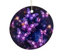 Purple Cute Butterfly Print Round Ceramic Pendant Hanging Festival Ornament, Personalized Double Sided Ceramic Home Decor, Lightweight Durable Hanging Ornament Gift for Home, Party, Women Men
