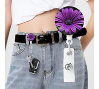 Purple Daisy Badge Reel Retractable Badge Holder with Keychain Id Clips for Badges Lightweight Plastic Name Card Holders for Nurses Office Teacher