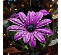 Purple Daisy Ceramic Christmas Ornaments - 1 Pcs Rustic Round Xma Tree Decor with Hanging String, Personalized Vintage Double-Sided Holiday Party Decorations for Xmas Gifts