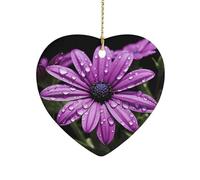 Purple Daisy Ceramic Christmas Ornaments Double Sided Porcelain Hanging Heart Pendant for Xmas Tree, Holiday Home Decor and Gift Party Decorations