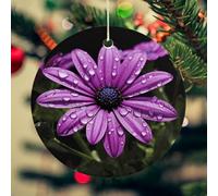 Purple Daisy Christmas Ceramic Ornaments with Gold String - 2.8 Inch Round Double-Sided Porcelain Xmas Tree Decor for Fireplace Mantel, Farmhouse Winter Holiday Hanging Ornaments