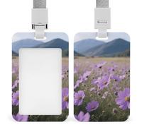 Purple Daisy ID Badge Holder with Lanyard Vertical Badge Reel Clip Durable Clear Window Name Tag ABS Plastic Push-Pull Design ID Card Holder for Office, Nurses, Employees