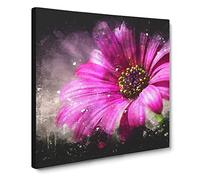 Purple Daisy Paint Splash Modern Canvas Wall Art Print Ready to Hang, Framed Picture for Living Room Bedroom Home Office Décor, 14x14 Inch (35x35 cm)