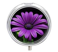 Purple Daisy Pill Cases Round Pillbox with 3 Compartments Portable Travel Pill Organizer Box Mini Metal Pill Holder and Vitamin Containers for Fish Oil & Supplements