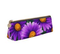 Purple Daisy Print Leather Pencil Case Zipper Pencil Multifunctional Stationery Bags